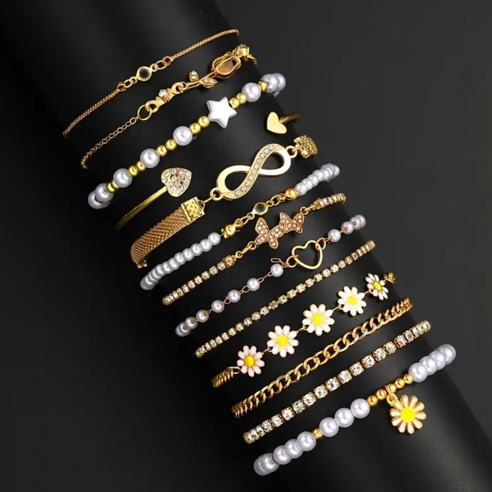 Bohemian Gold Charm Bracelet Stack • Pear Beads, Infinity, Daisy Star • 13 Piece